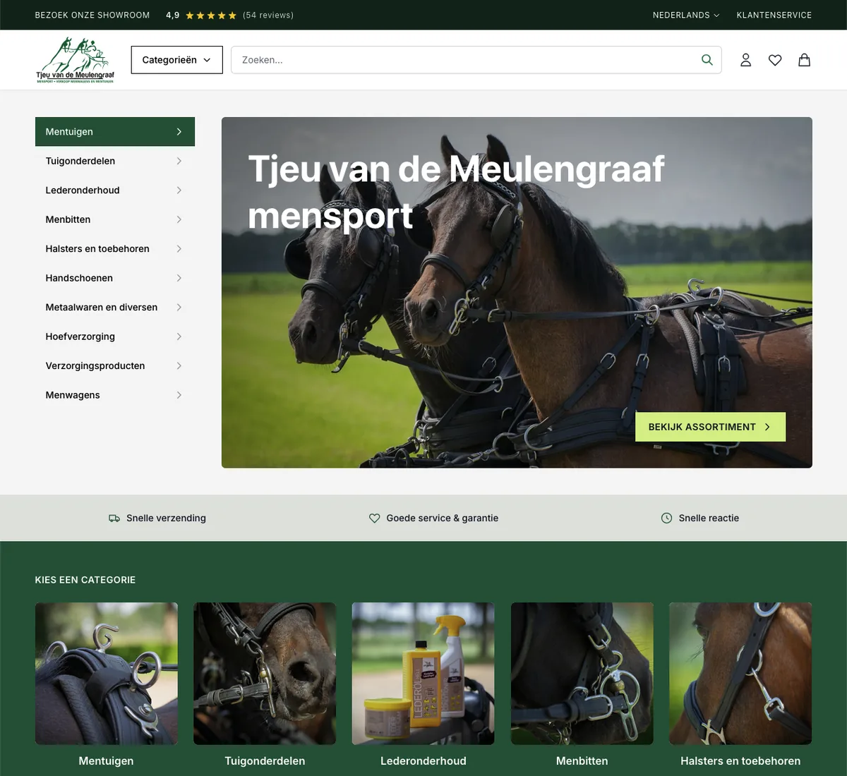 Startpagina van de webshop van Tjeu van de Meulengraaf mensport, met het assortiment mentuigen en tuigonderdelen.