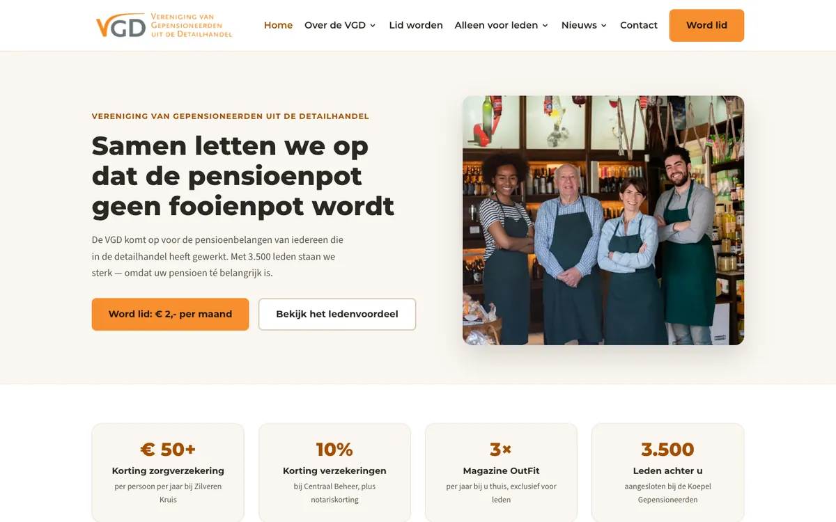 Startpagina van v-g-d.nl met de kop 'Samen letten we op dat de pensioenpot geen fooienpot wordt' en daaronder de ledenvoordelen.
