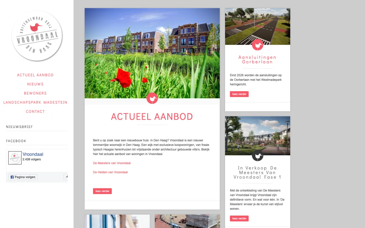 Startpagina van vroondaal.nl, met het actuele woningaanbod en nieuwsberichten over de wijk.